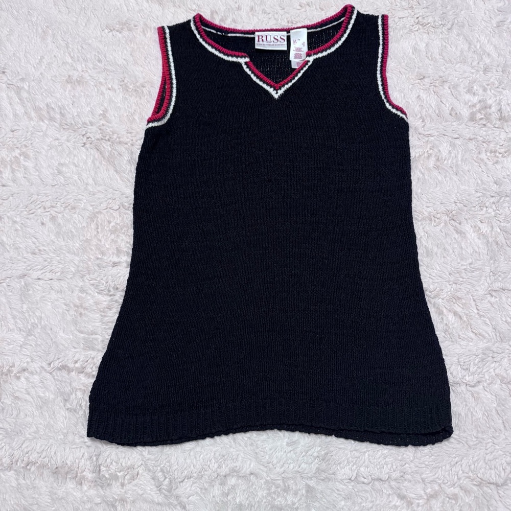 VTG Russ Preppy Sweater Vest Black V-Neck Knit Small preppy academia